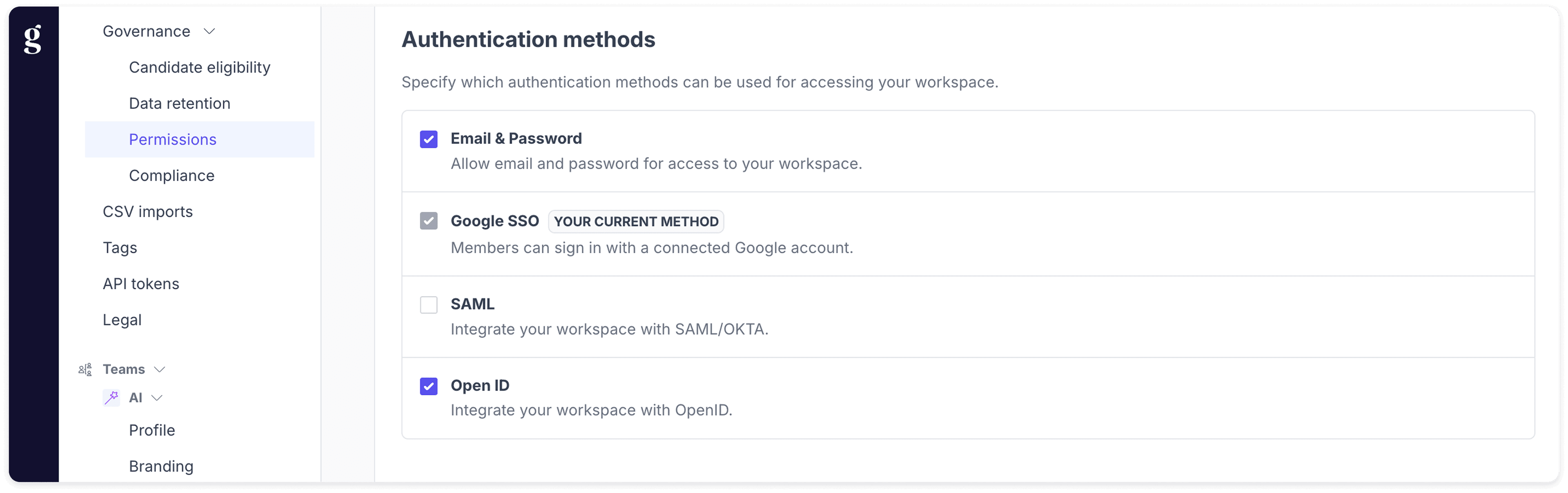Great Question authentication methods settings, with email and password, Google SSO, SAML, and OpenID options