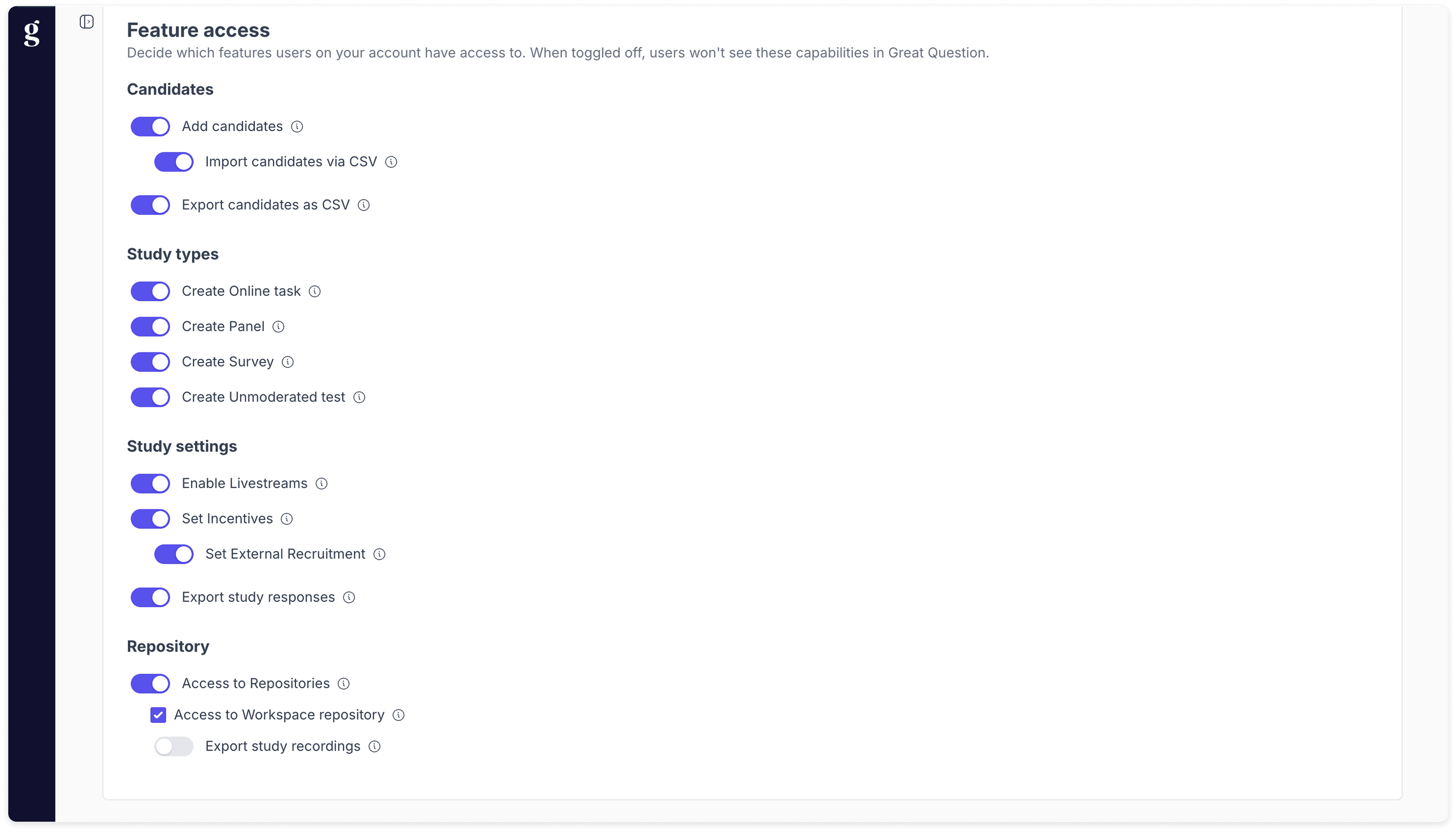 The Great Question Feature access settings, with toggles for candidates, study types, study settings, and repository access