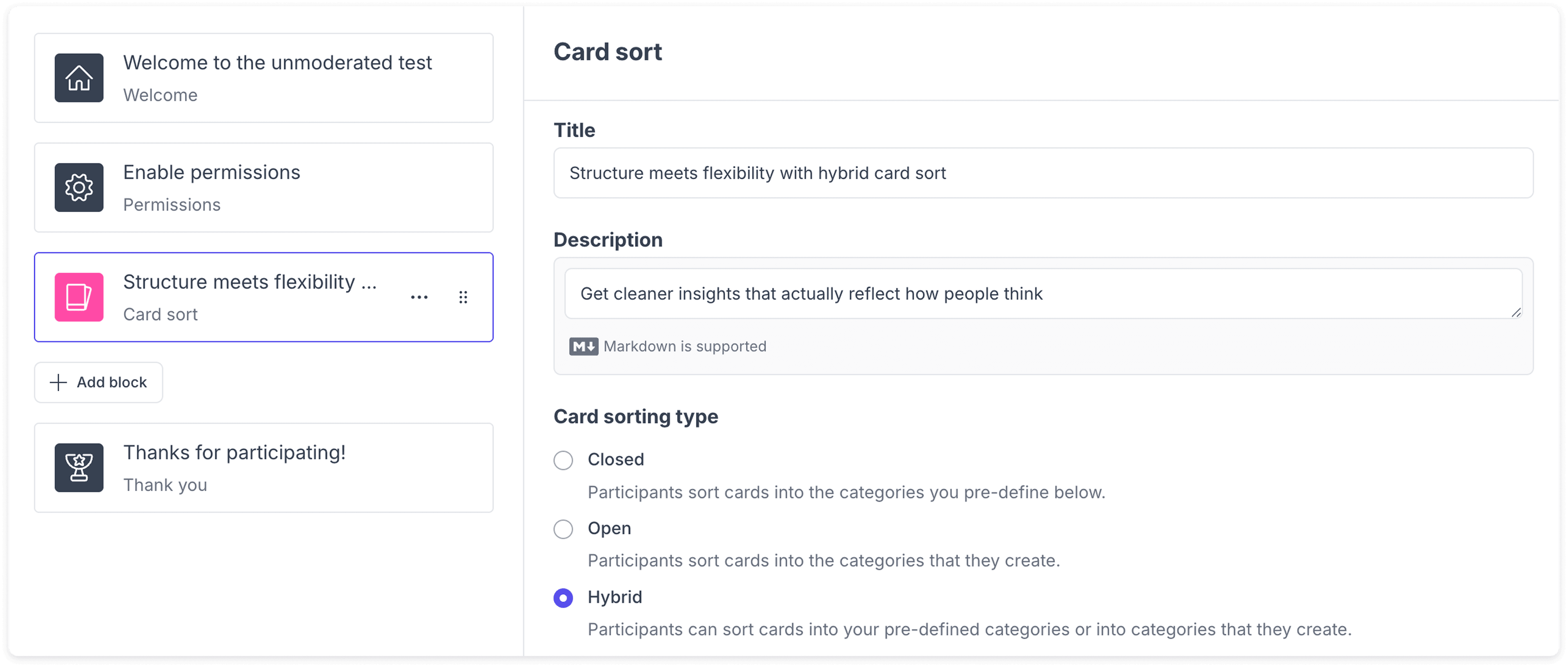 A Great Question card sort block with the Hybrid card sorting type selected, letting participants use pre-defined categories or create their own