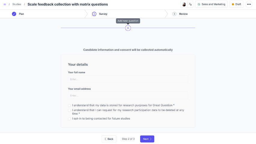 Adding a matrix question to a Great Question survey in the study builder