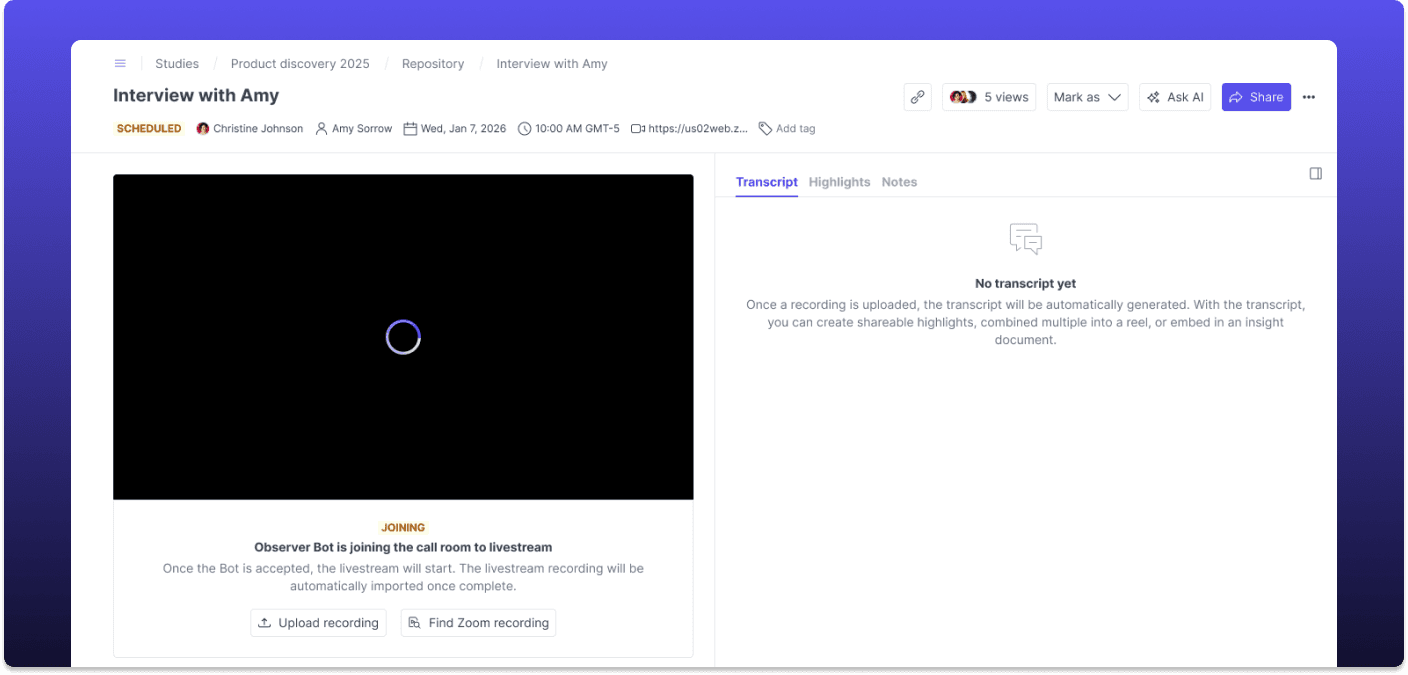 A scheduled interview in Great Question showing the Observer Bot's real-time status as it joins the call room to livestream