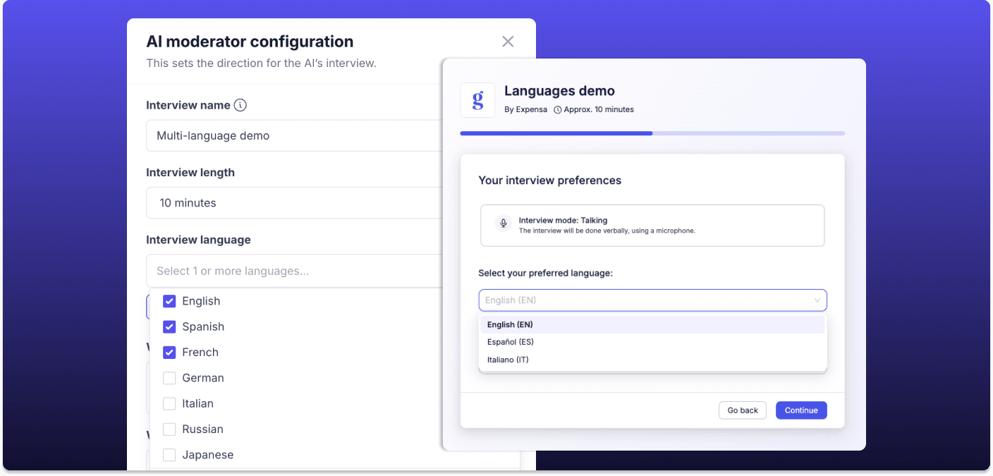 AI moderator configuration in Great Question with seven interview languages to choose from, beside a participant picking their preferred language