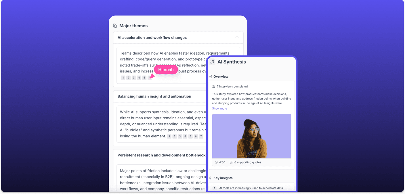 The AI Synthesis panel in Great Question, with a study overview, major themes, and supporting quotes from seven completed interviews
