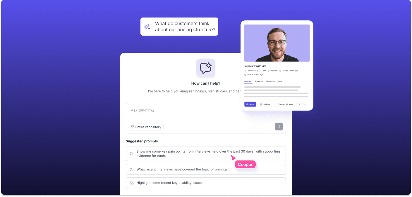Ask AI in Great Question scoped to the entire repository, with suggested prompts beside an interview session summary