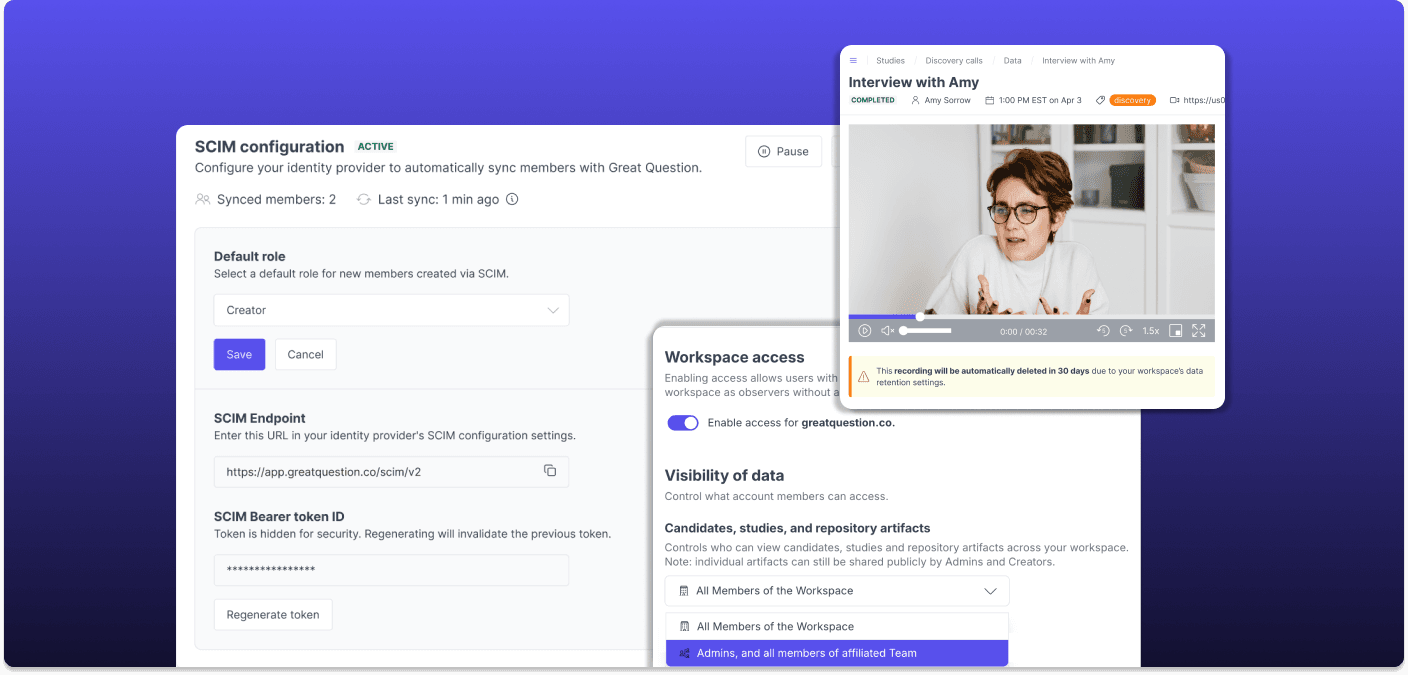 SCIM configuration and workspace access settings in Great Question, controlling who can view candidates, studies, and repository artifacts