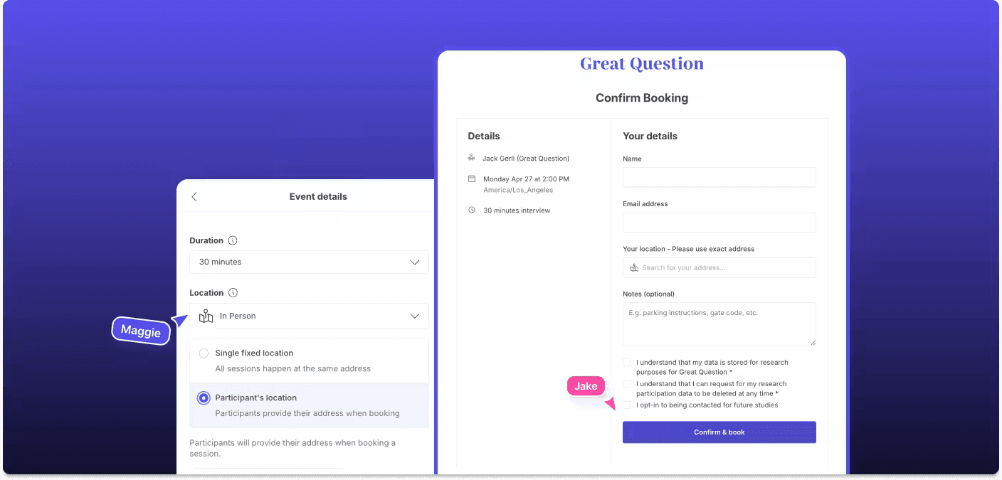 The "Participant's location" setting on a Great Question interview study, beside the booking page where a participant enters their own address
