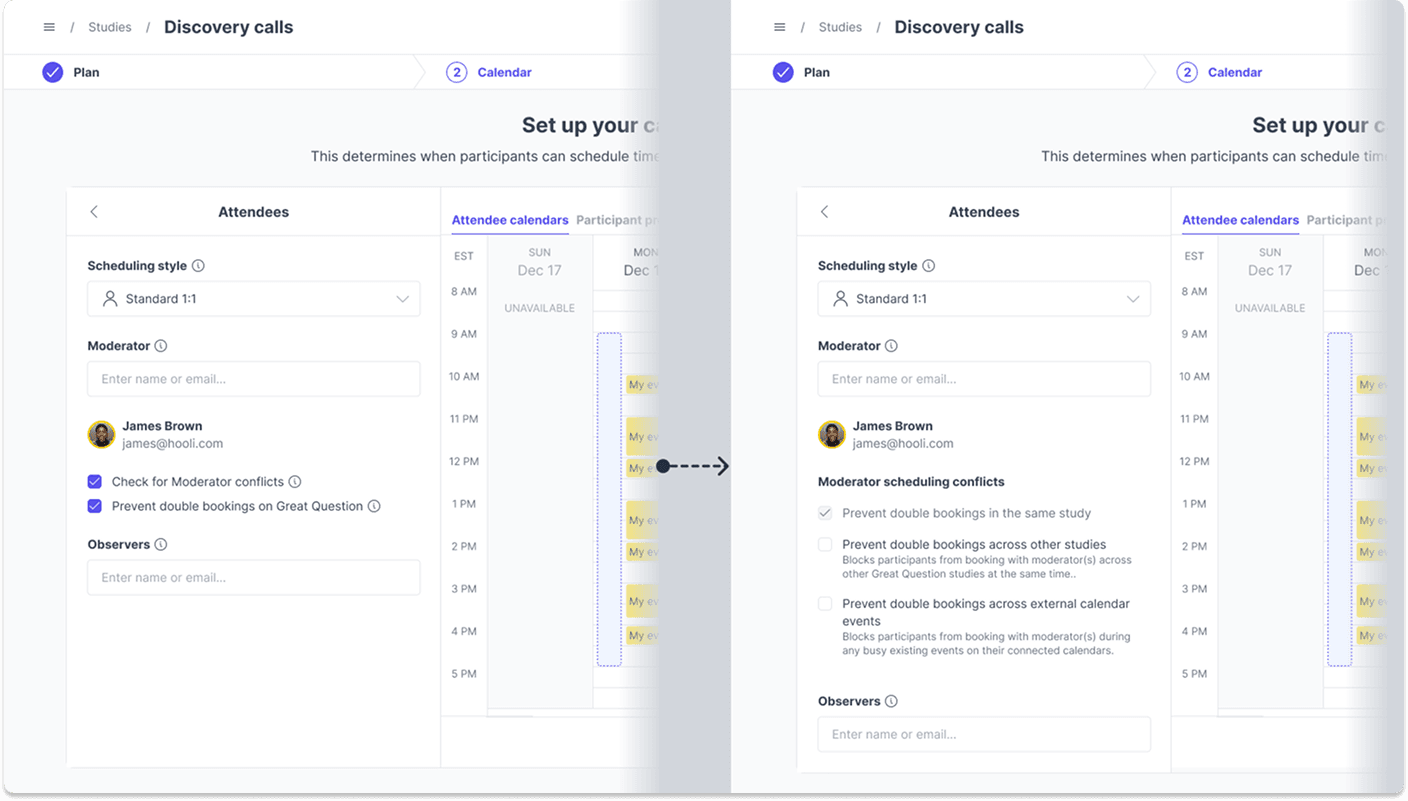 Calendar conflict handling options for preventing double-bookings in a study
