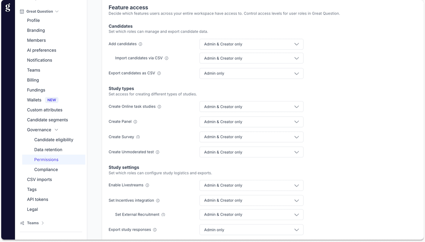 Role-based access control settings for a Great Question workspace