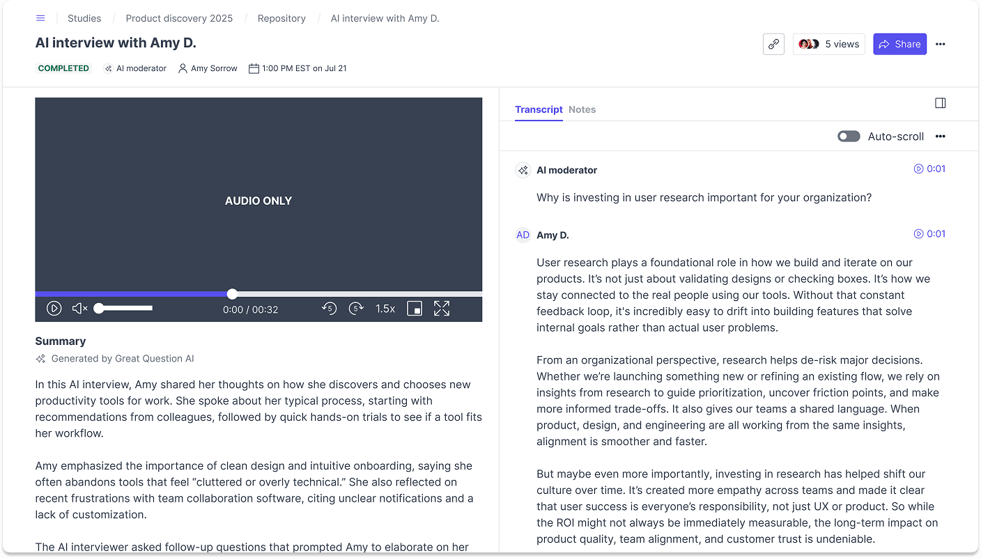 AI Moderated Interviews setup in Great Question