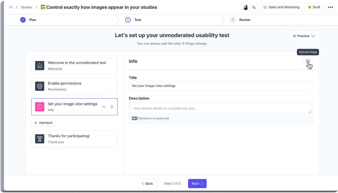 Choosing how an uploaded image displays in an unmoderated study