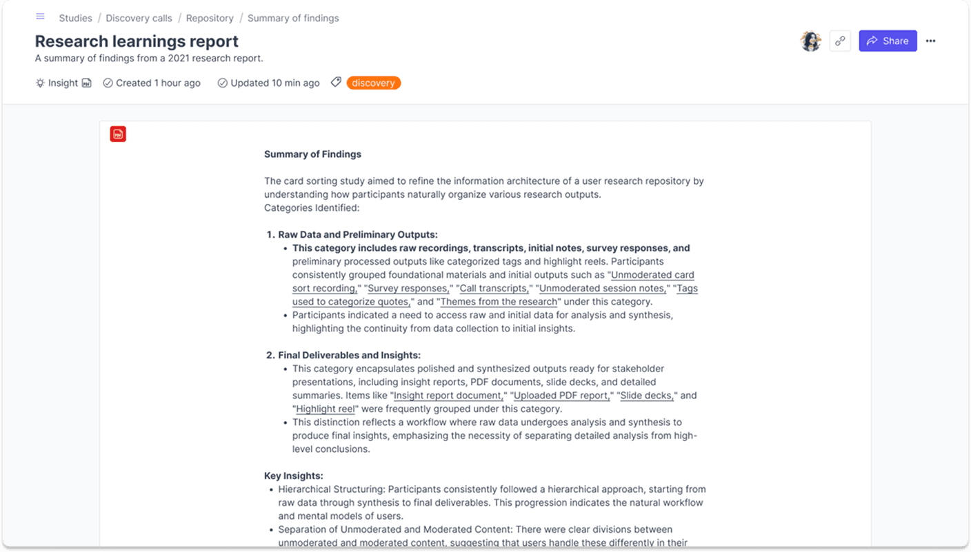 PDF files listed in a Great Question research repository alongside other artifacts