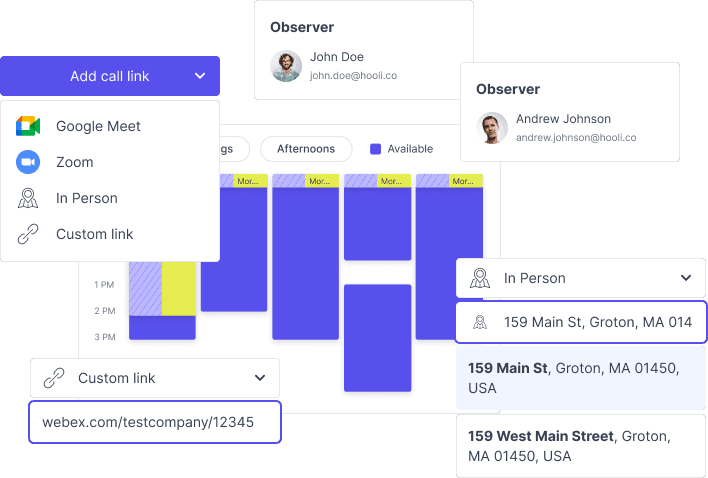 Great Question research calendar with call link options, observer invites, an availability grid, and in-person location settings