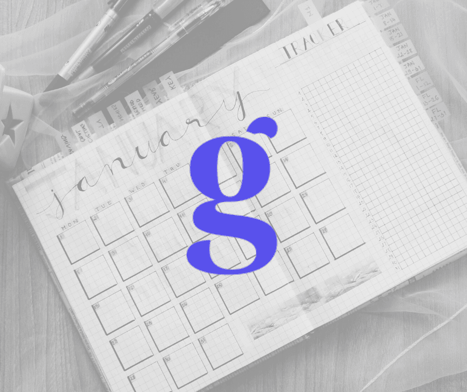 A hand-lettered January calendar spread with a weekly habit tracker, overlaid with the Great Question mark