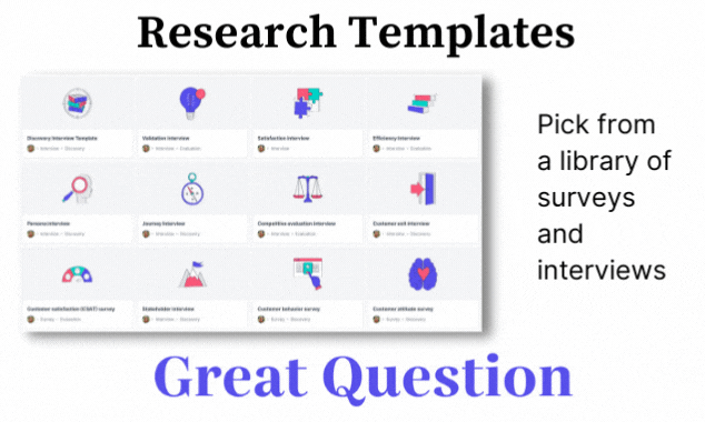 Animated preview of the Great Question research template library, a grid of interview and survey templates