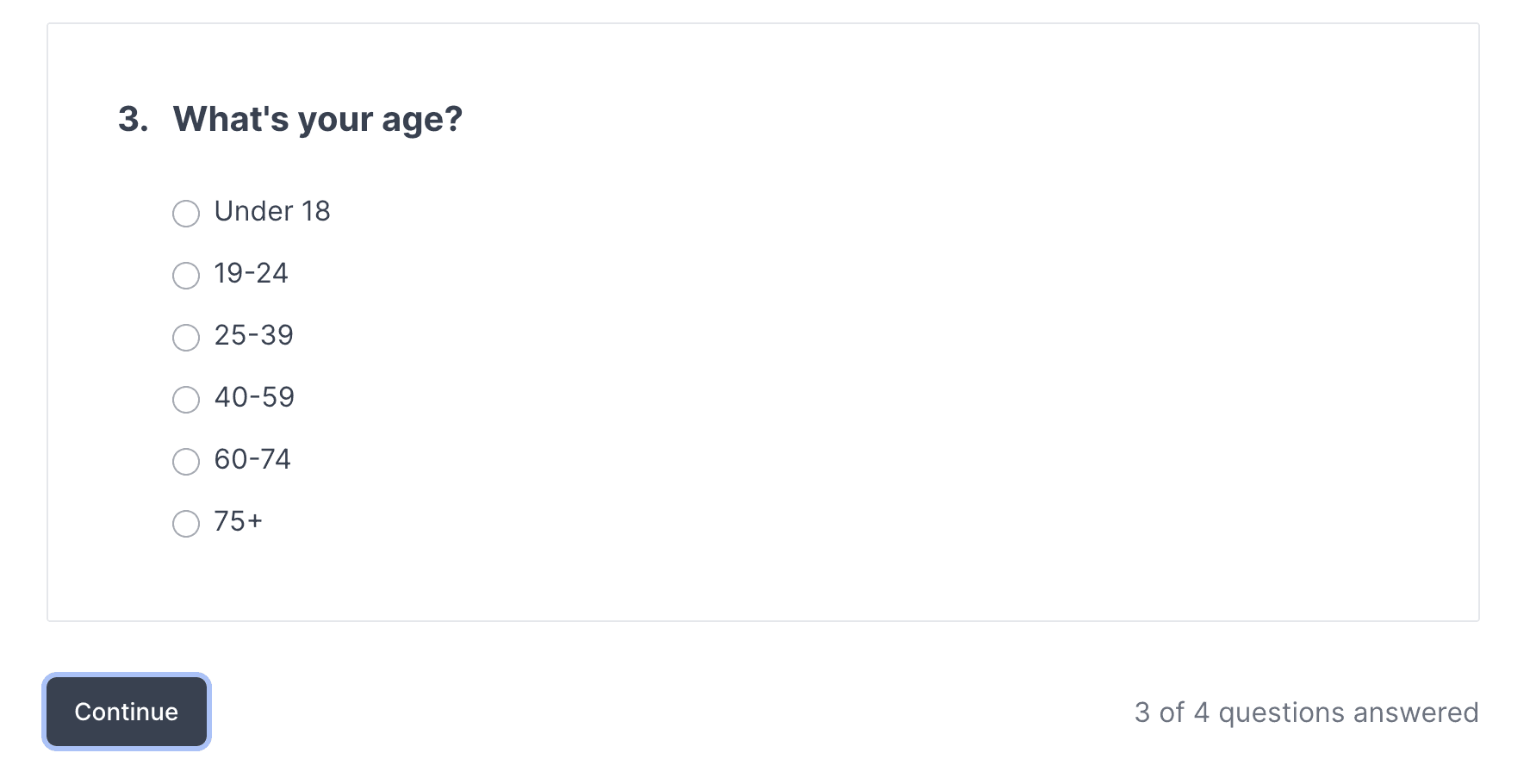 A screener survey question asking “What's your age?” with age-range options and a Continue button