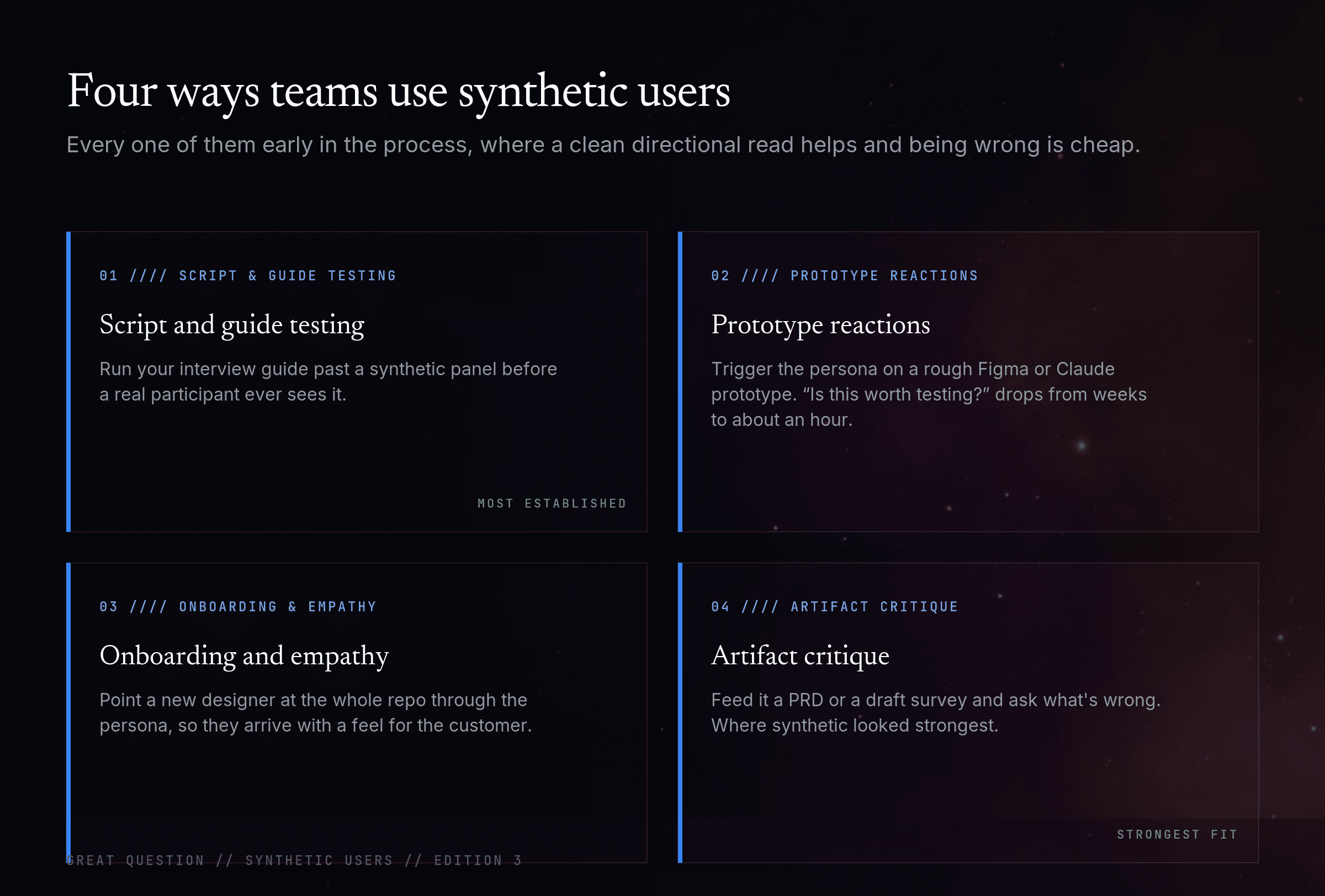 A grid mapping synthetic-user use cases from early ideation, where being wrong is cheap, to strategic decisions, which stay with real participants