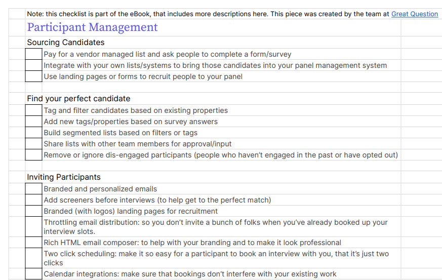 A preview of the UX research platform checklist, with tick boxes for sourcing candidates, finding your perfect candidate, and inviting participants