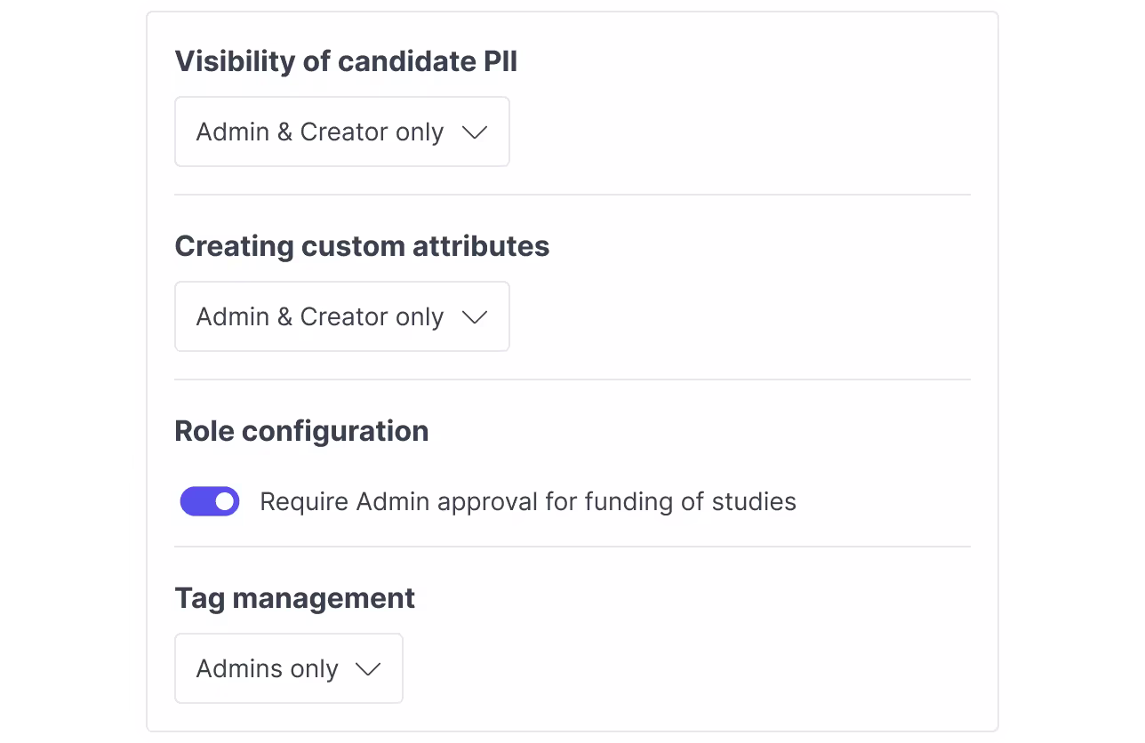 Access permission settings: PII visibility, custom attributes, role configuration, and tag management
