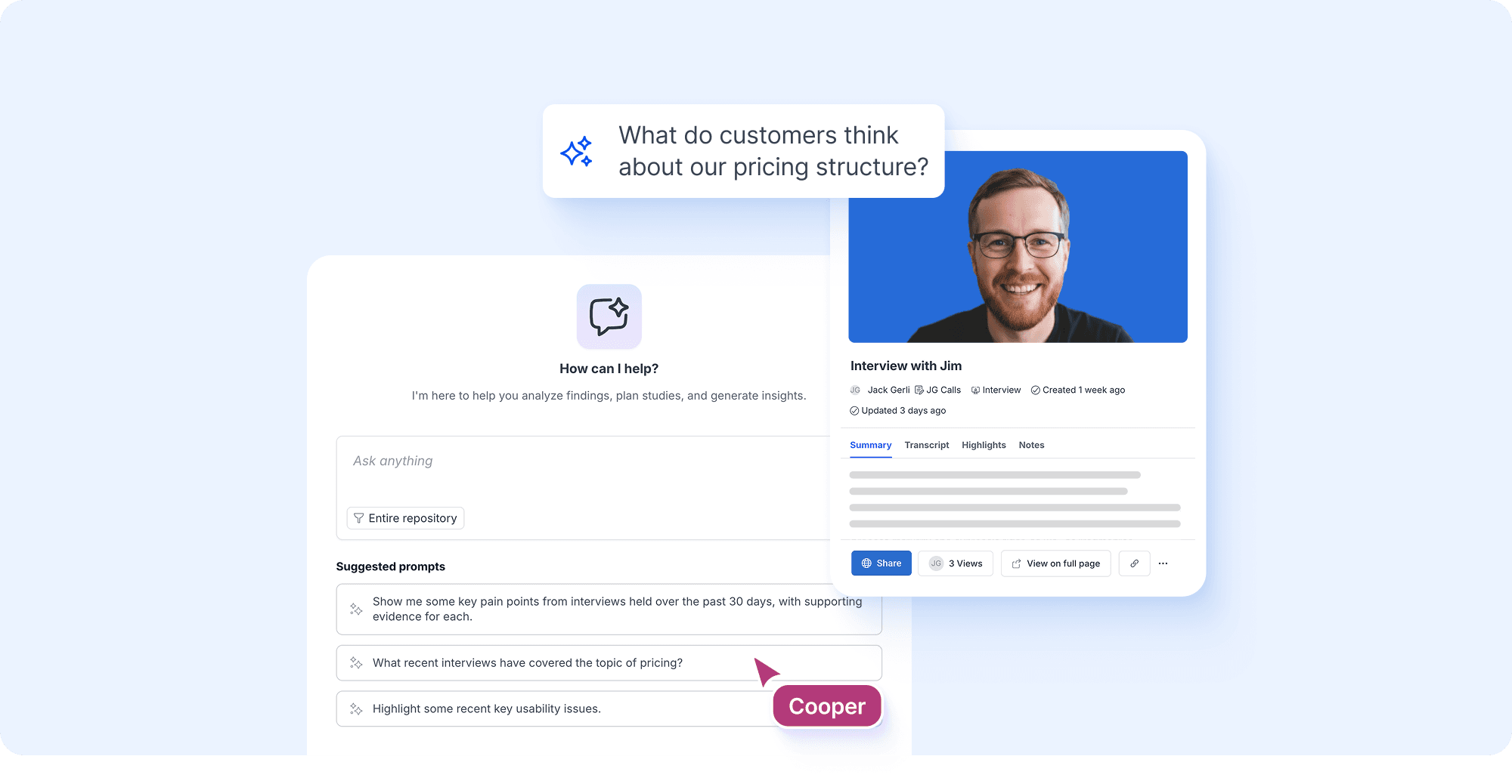 An Ask AI chat asking what customers think about the pricing structure, with a cited interview beside it