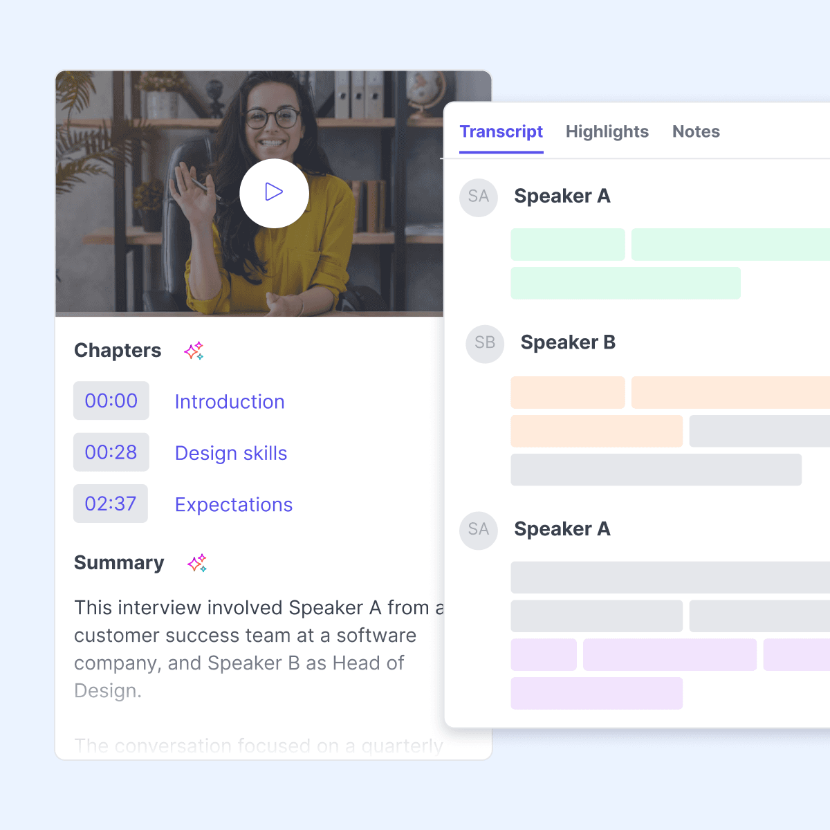 An interview session with AI-generated chapters and an Ask AI answer beside the recording