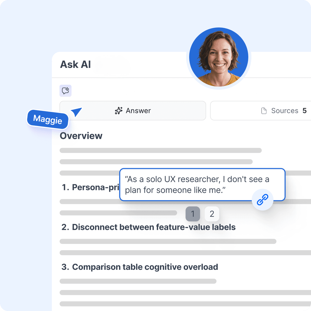 An AI answer with inline citations linking each quote to its source transcript