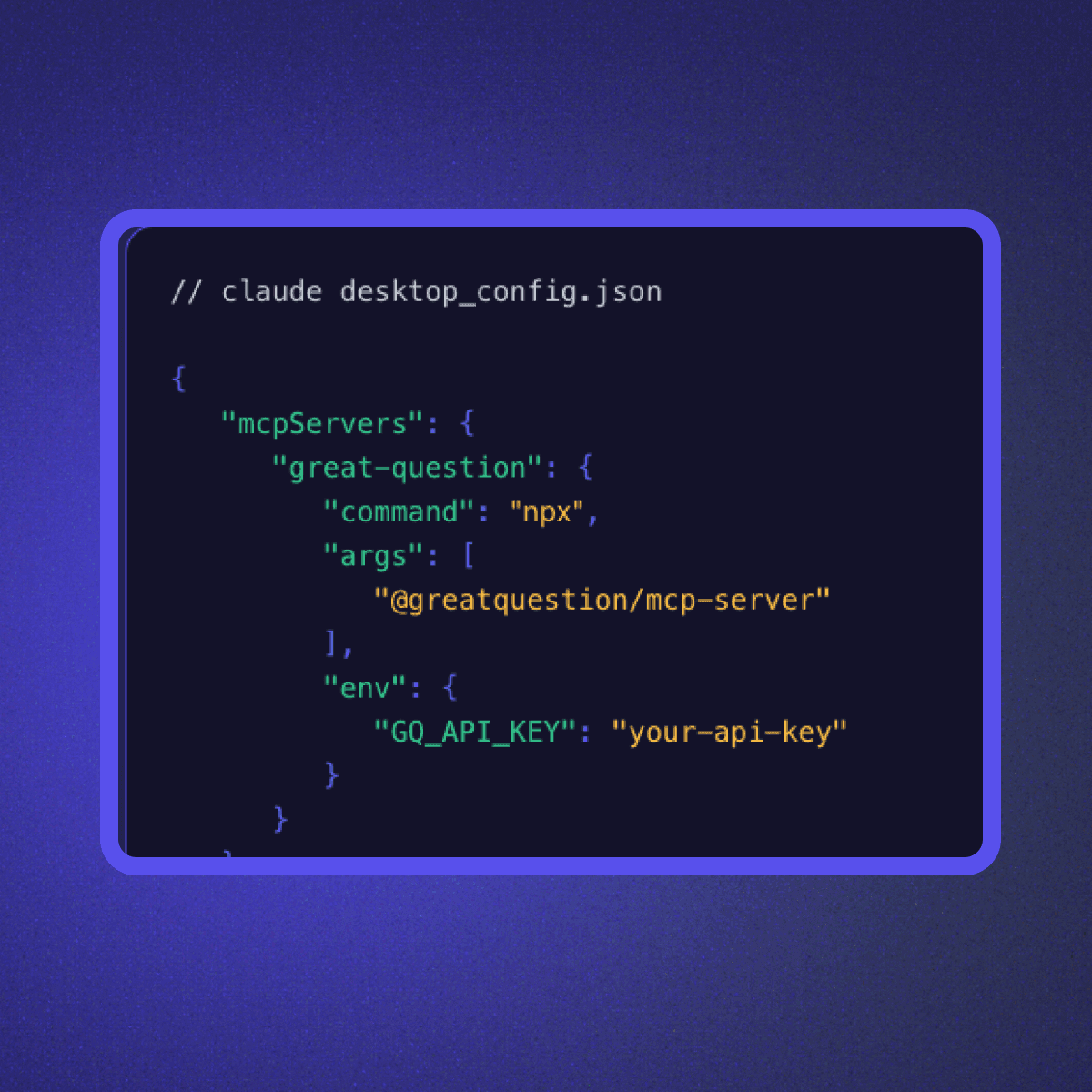 The Claude desktop configuration that connects the Great Question MCP server to your research repository