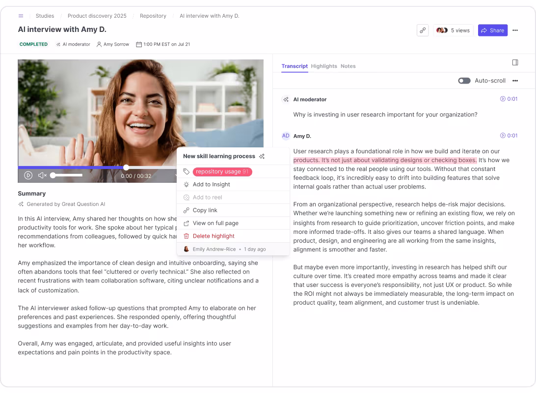 A completed AI interview with its recording, AI summary, tagged highlight, and full transcript