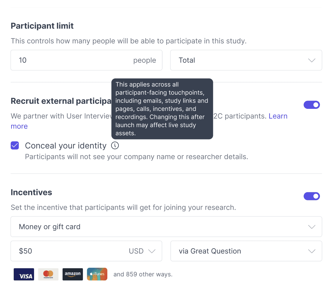 A study's settings with "Conceal your identity" ticked, above a tooltip explaining that the change applies across emails, study links, calls, incentives, and recordings