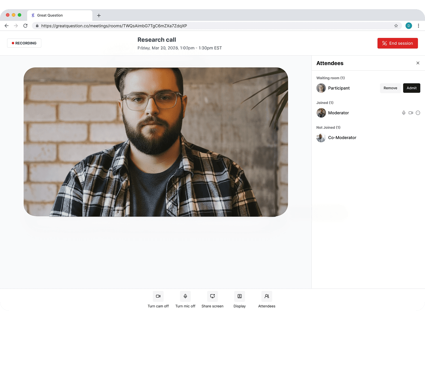 A Great Question research call recording, its URL a neutral meeting room and its attendees listed as Participant, Moderator, and Co-Moderator rather than by name