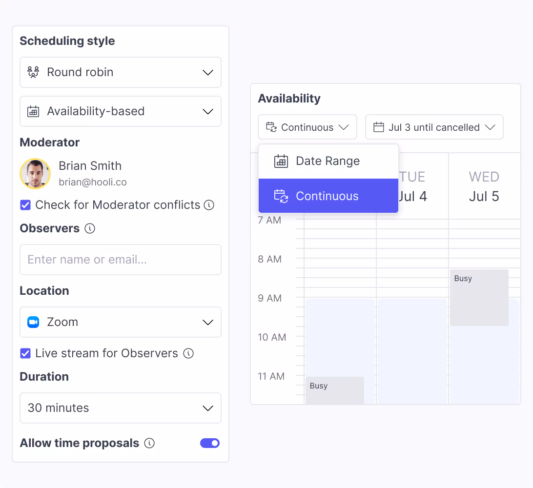 Round robin scheduling settings beside a calendar set to continuous availability