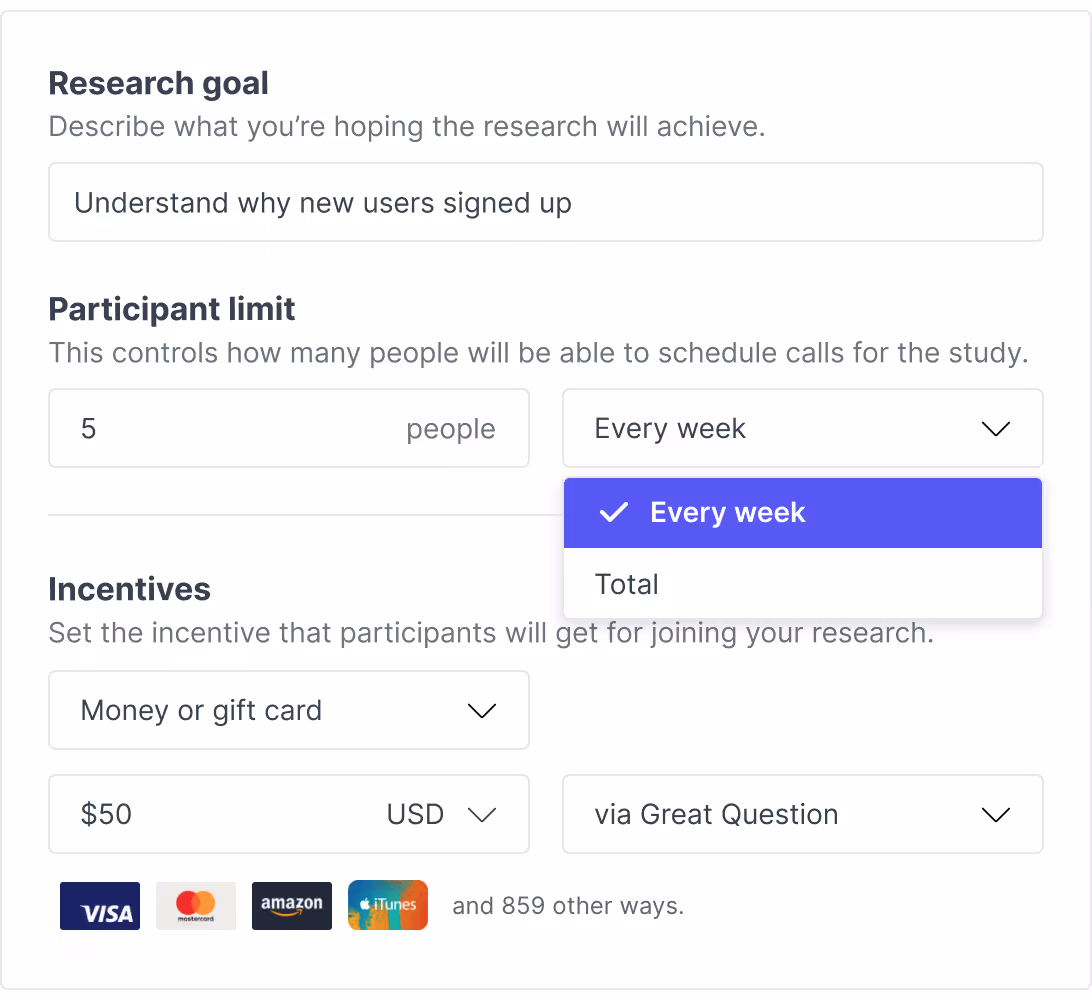 Setting a weekly participant limit and a $50 incentive on a study
