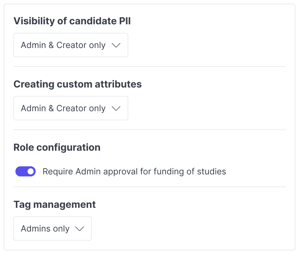 Access permission settings for candidate PII visibility, custom attributes, role configuration, and tag management.