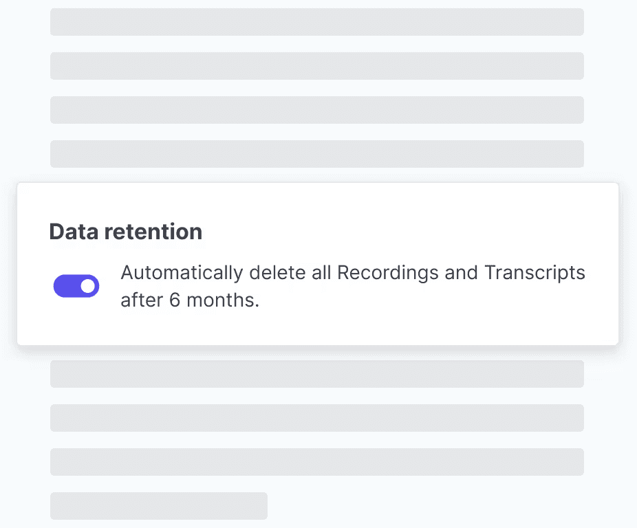 A Data retention setting toggled on to automatically delete all recordings and transcripts after 6 months.