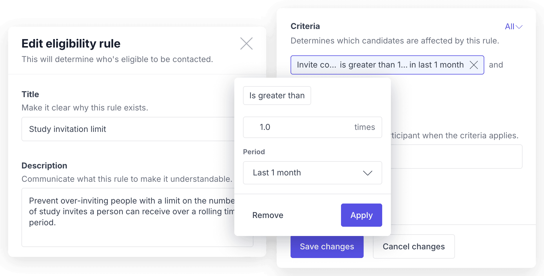 The Edit eligibility rule dialog beside its criteria and label settings, with the criteria editor open on an invite-count rule.