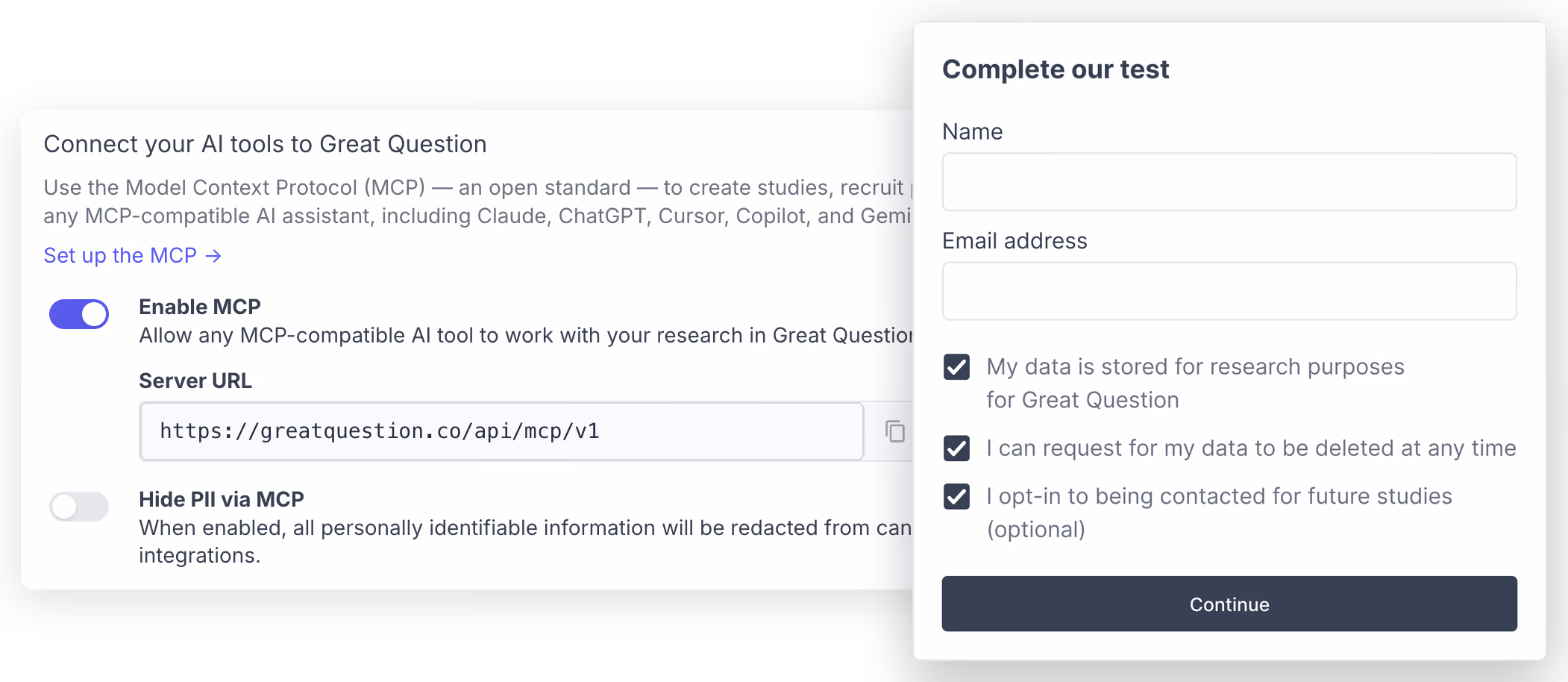 A participant consent form with three data-sharing checkboxes, floating over the MCP settings with Hide PII via MCP