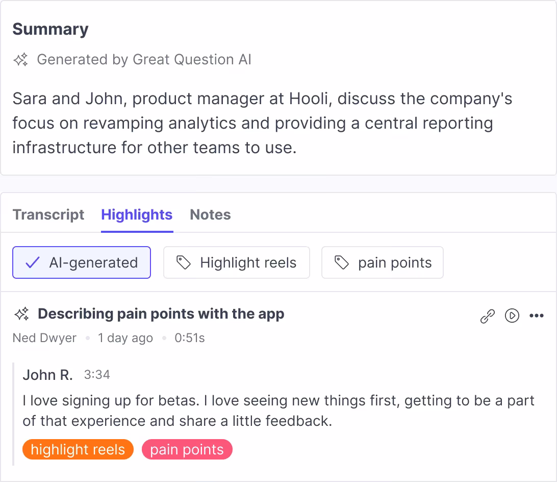 An AI-generated interview summary beside AI-suggested highlights