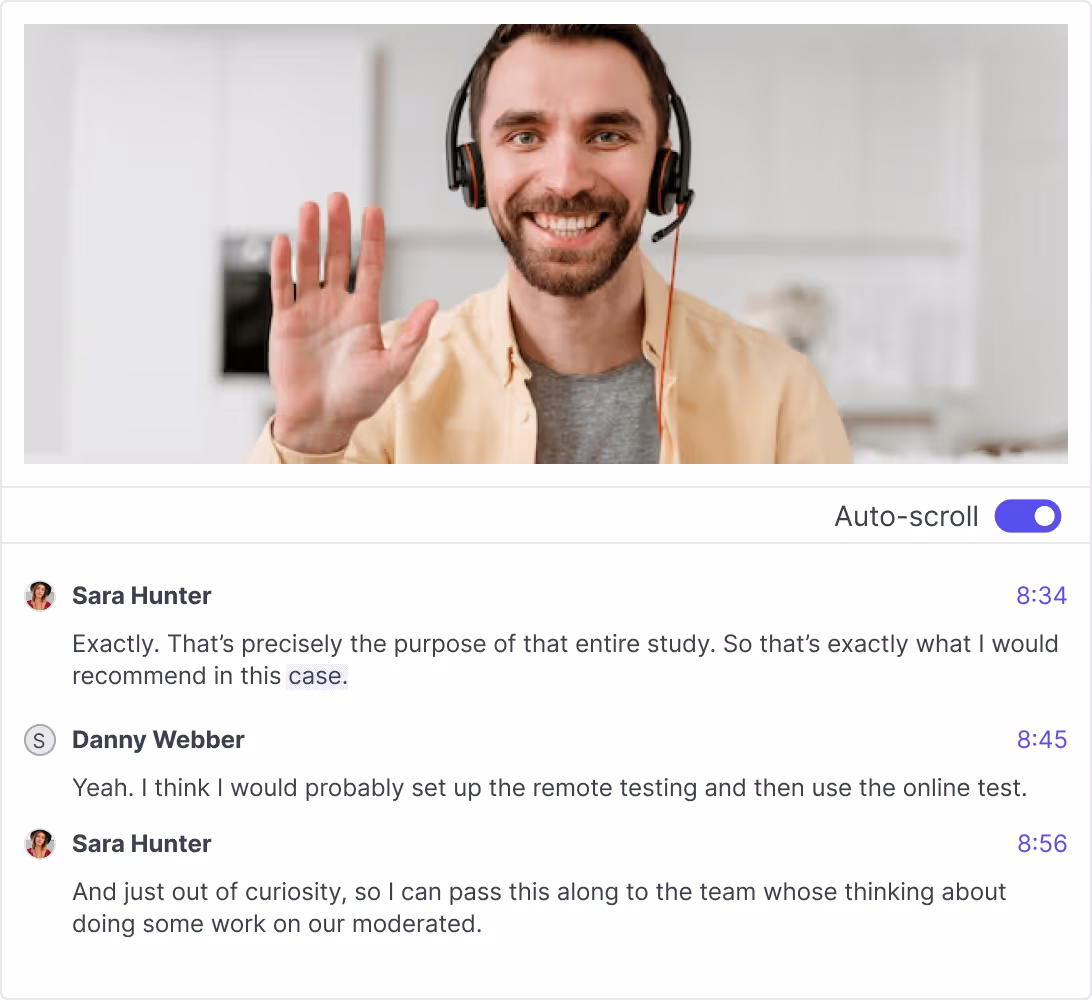 A recorded interview with its auto-scrolling transcript in Great Question