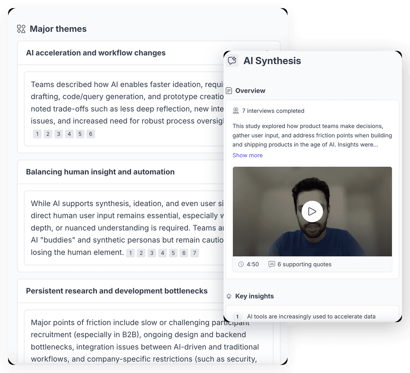 An AI Synthesis study overview beside its major themes, each theme backed by numbered supporting quotes