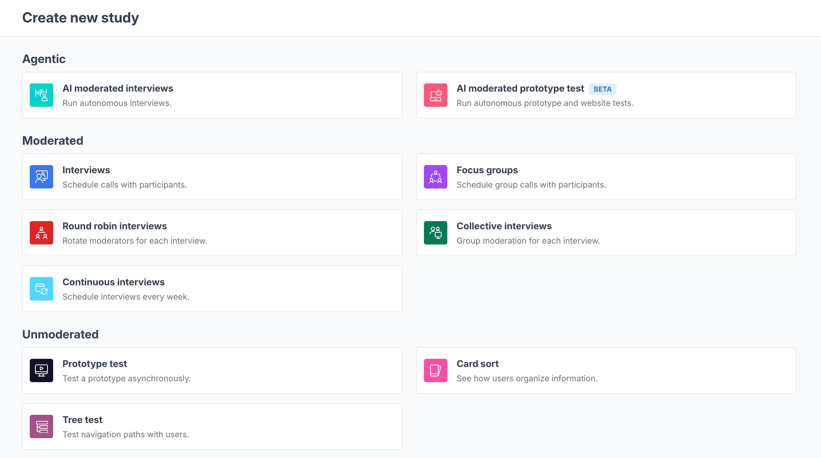 The Create new study dialog in Great Question listing agentic, moderated, and unmoderated study types