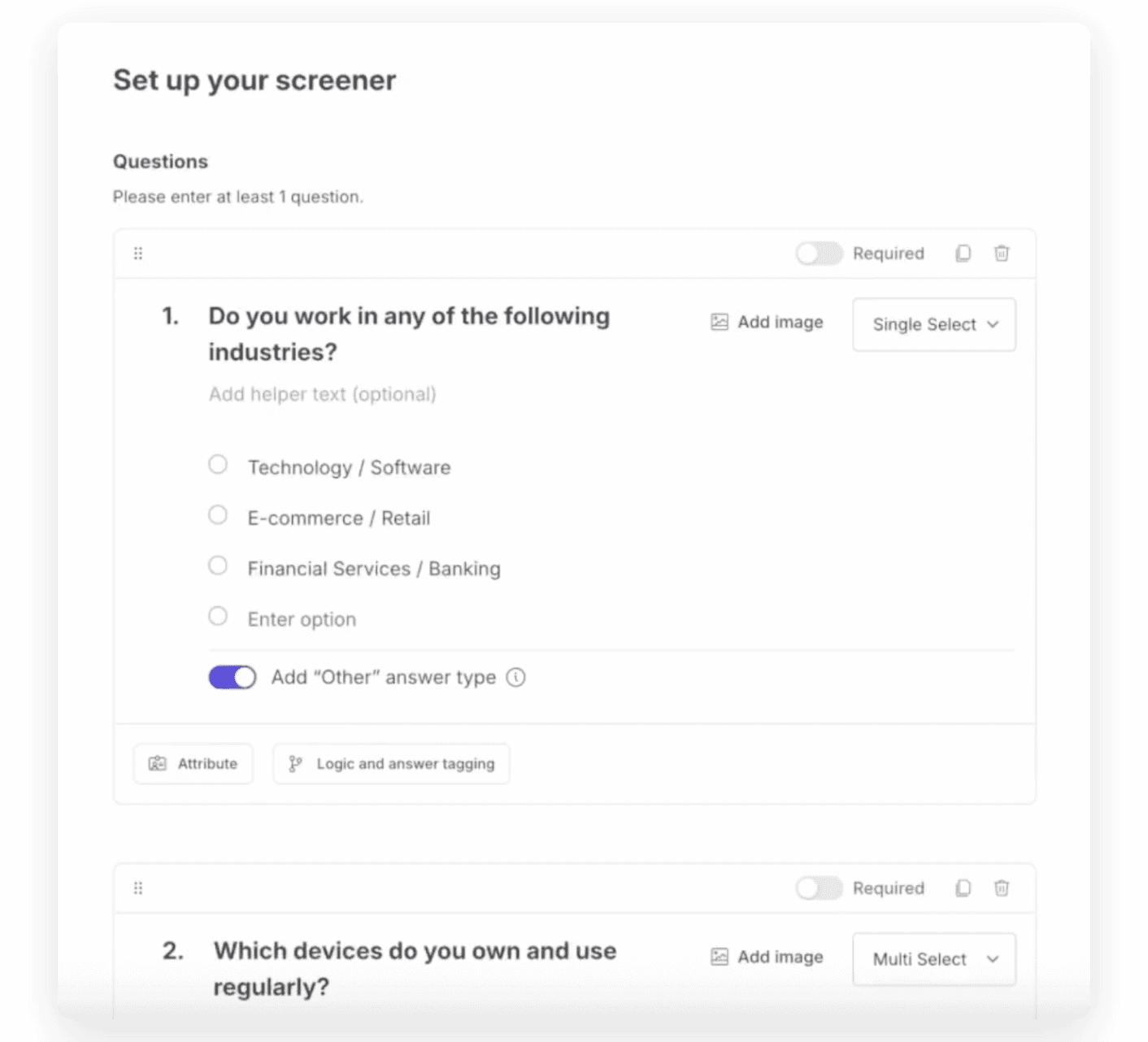 Setting up a screener in Great Question, with answer options, logic, and answer tagging on each question