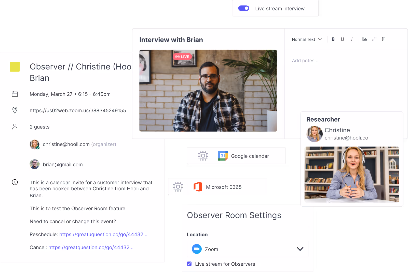 A live-streamed interview beside the observer’s calendar invite and the Observer Room settings