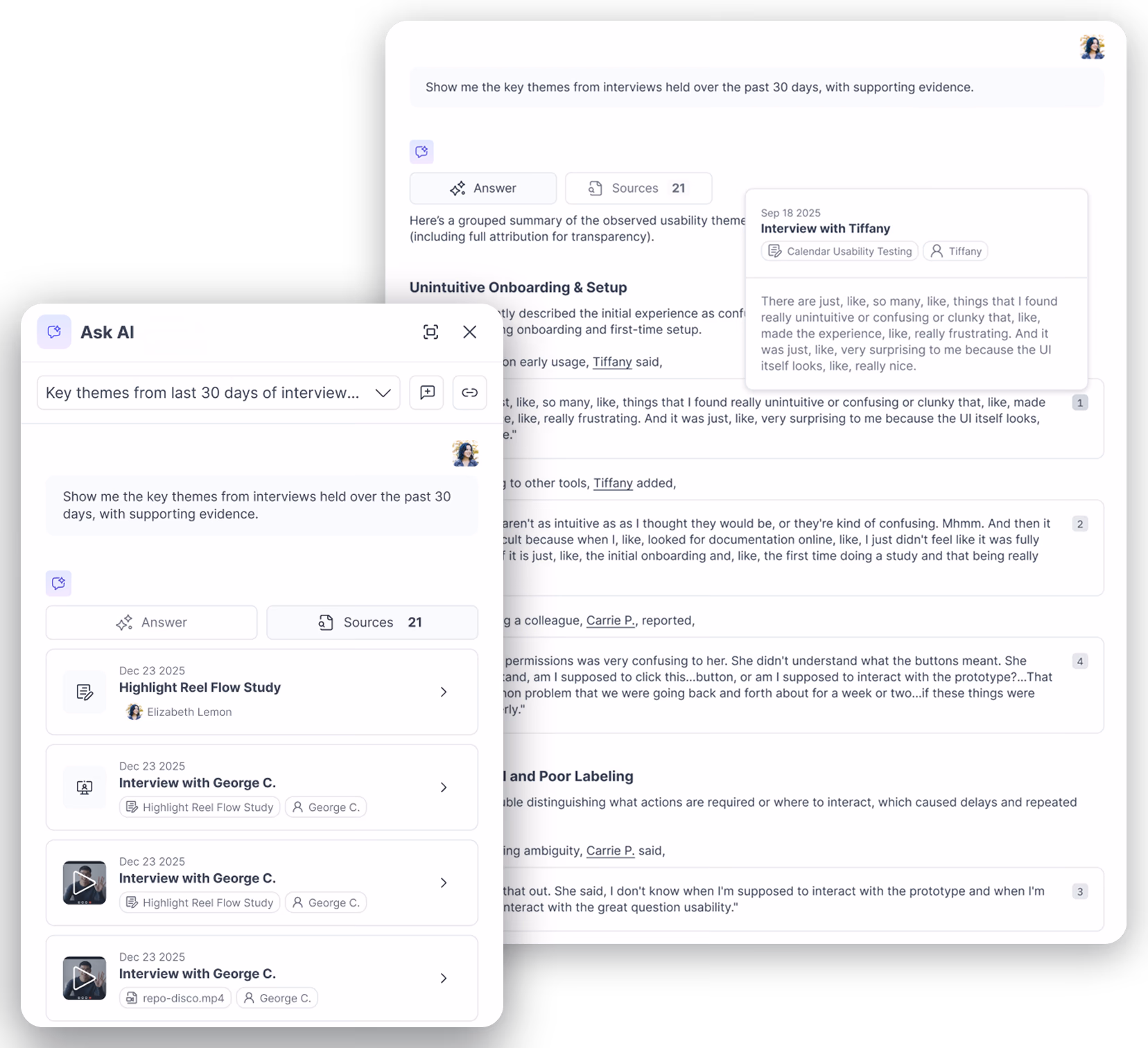 Ask AI grouping usability themes with attributed quotes, over the panel listing its 21 sources