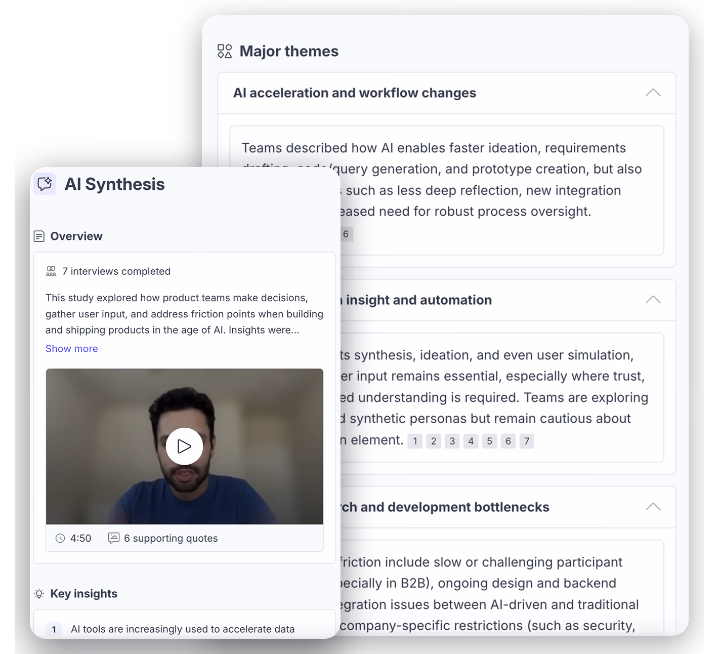 Automated research synthesis with insights organized by theme and sourced quotes