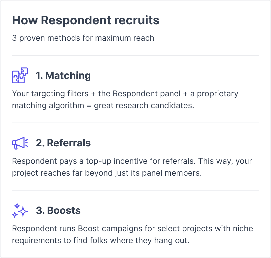 Respondent's three recruitment methods, Matching, Referrals and Boosts, each with a short description