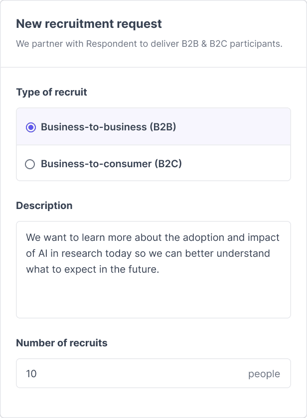A new recruitment request form with recruit type, description, and number of recruits