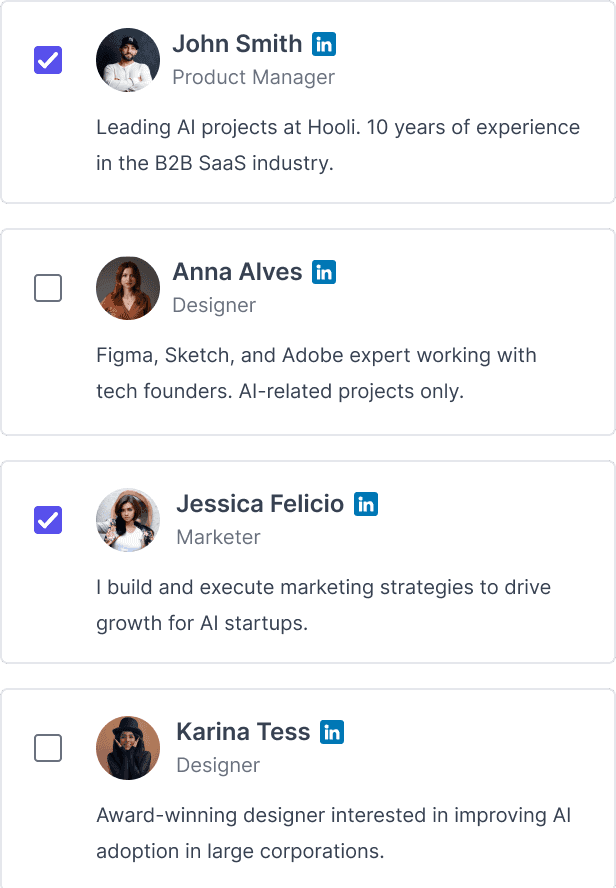 Four Respondent candidate profiles with checkboxes, two of them selected