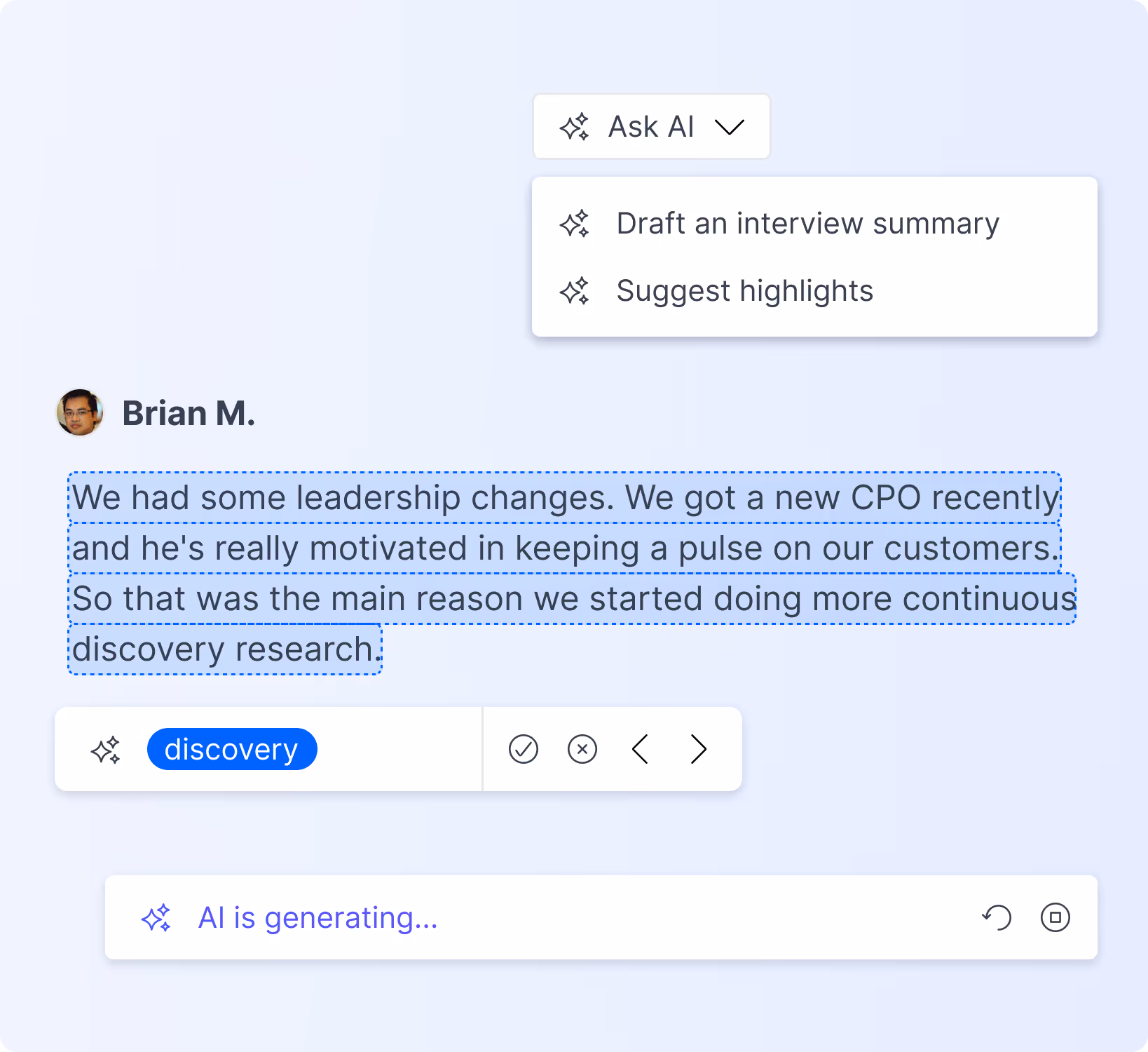 Ask AI drafting an interview summary and suggesting highlights across survey responses in Great Question