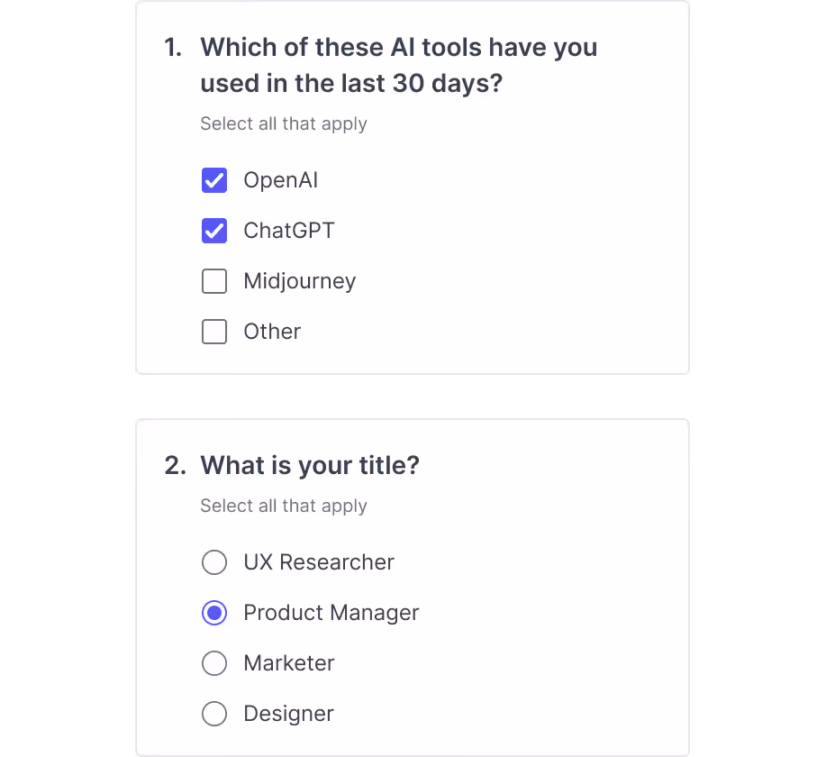Screener questions qualifying participants by the tools they use and their job title before a survey begins