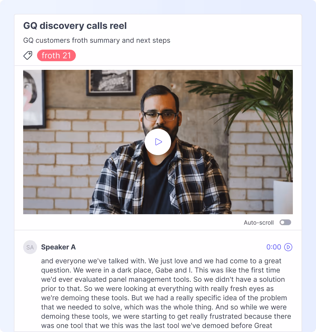 Great Question UI of a highlight reel for customer discovery calls