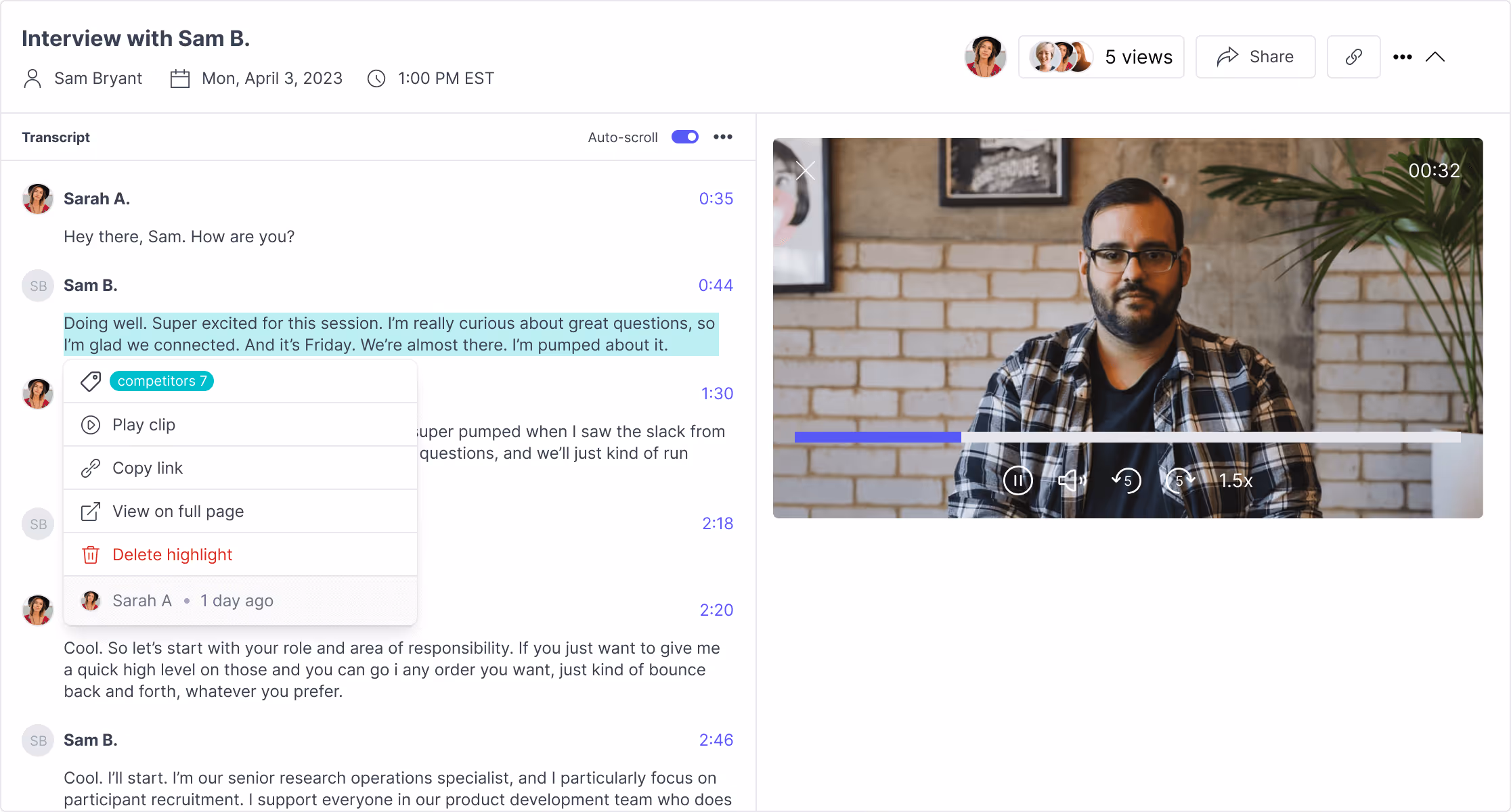 Select interview transcript text to create video highlights and organize with tags